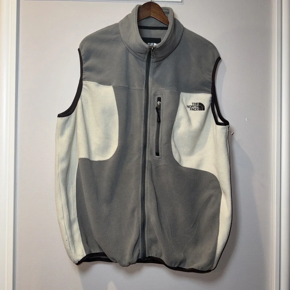 North Face Men Fleece Vest Large Lightweight Color Block Gray White 90's Zip‎
